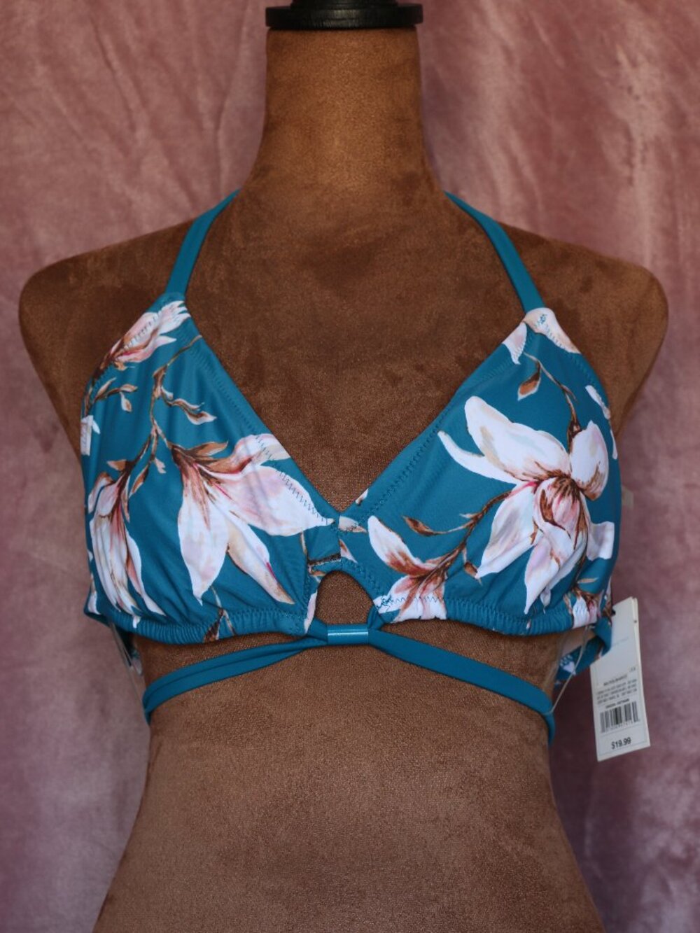 Shade & Shore Wear Front Bikini Top Teal Lily Floral Wrap Tie Back Size L 🌺🩵